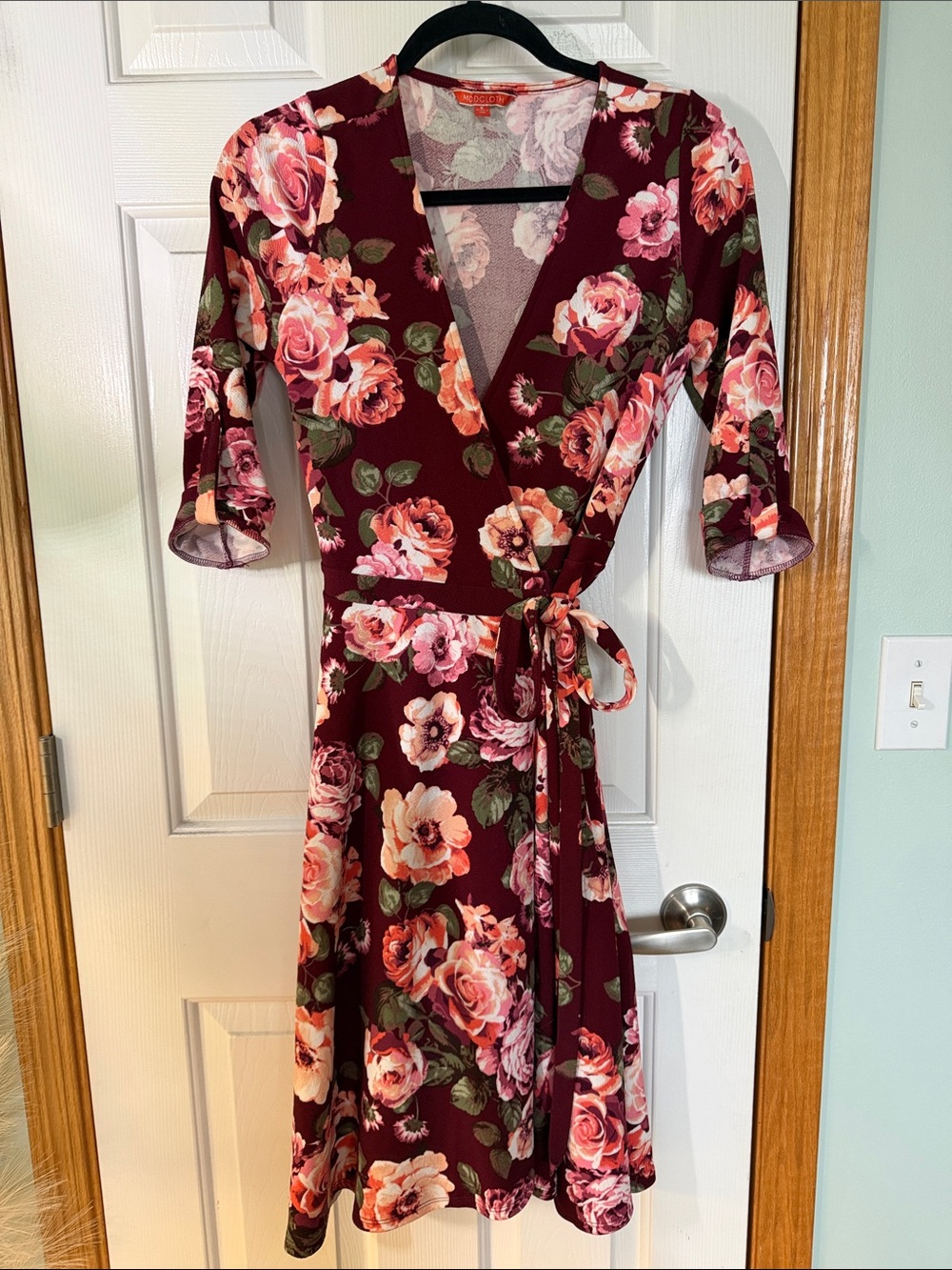 Modcloth Burgundy Floral Wrap Midi Dress